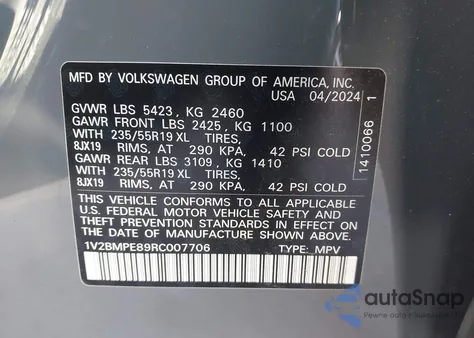 2024 Volkswagen Id.4 Standard from USA, damaged, VIN 1V2BMPE89RC007706